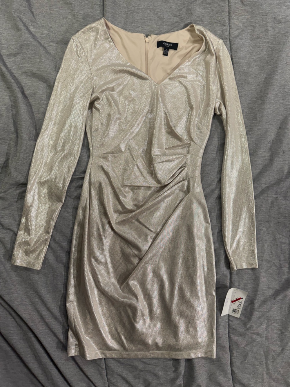 Guess Metallic Silver Long-Sleeve Bodycon Dress